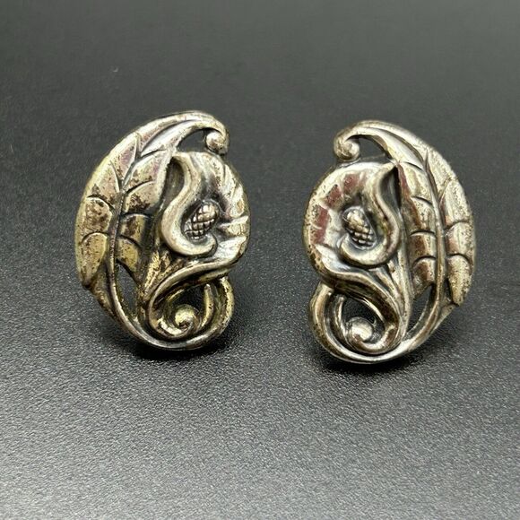 Vintage Estate 925 Sterling Silver Calla Lily Ornate Necklace & Clip on Earrings - Picture 3 of 15